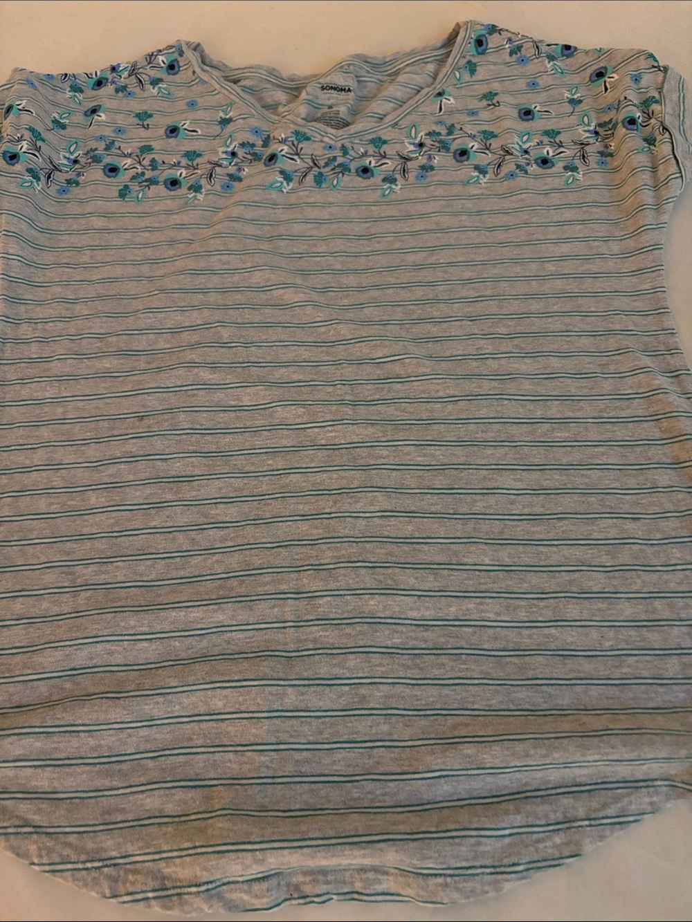 Sonoma Gray Striped Short-Sleeve Top with Blue Floral Embroidery